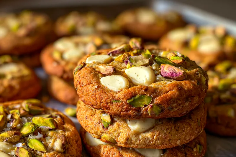 Freshly baked Chewy White Chocolate Pistachio Cookies cooling on a wire rack.