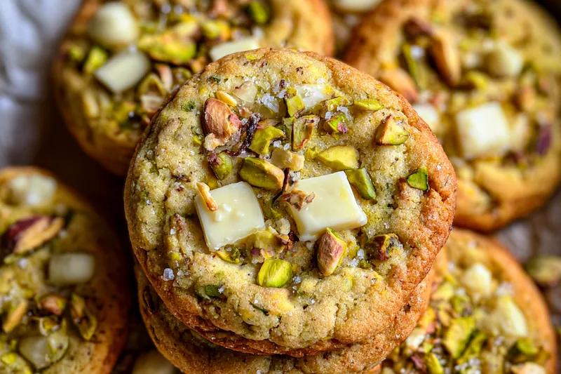 An array of ingredients including white chocolate chips, pistachios, flour, and butter for Chewy White Chocolate Pistachio Cookies.