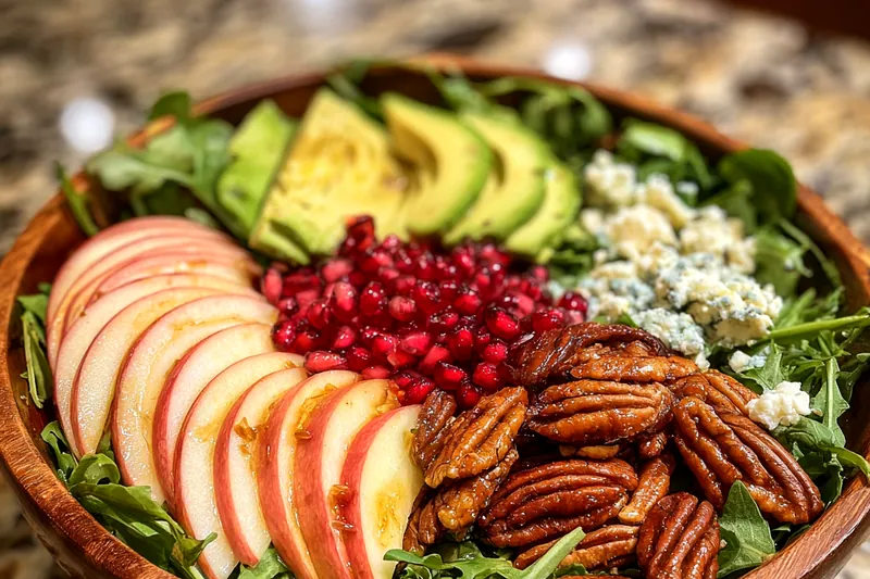 A colorful assortment of ingredients for Festive Winter Salad Delight laid out on a kitchen counter.